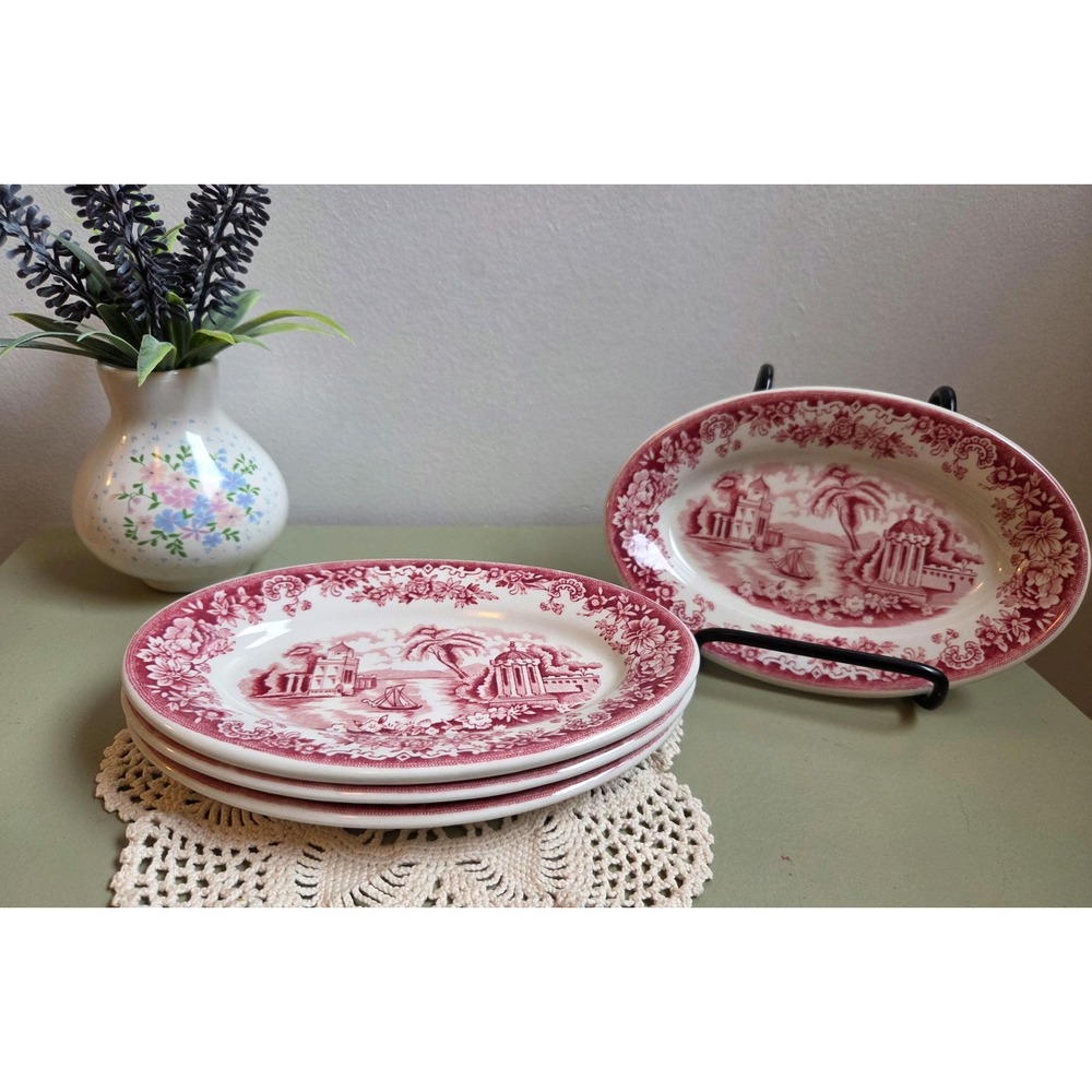 Vintage Maddock Bombay Red Transferware Oval Dishes Set of 4 England